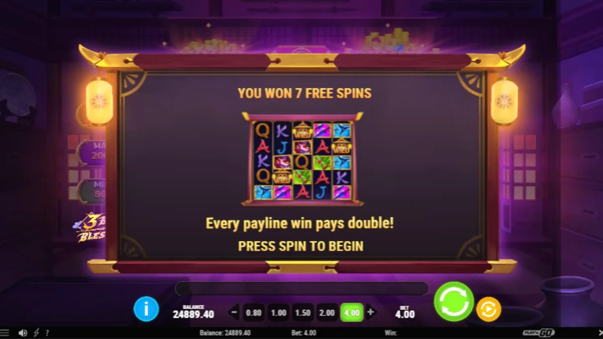 Tampilan visual slot 3 Blades & Blessings dengan tema ninja dan Jepang kuno.