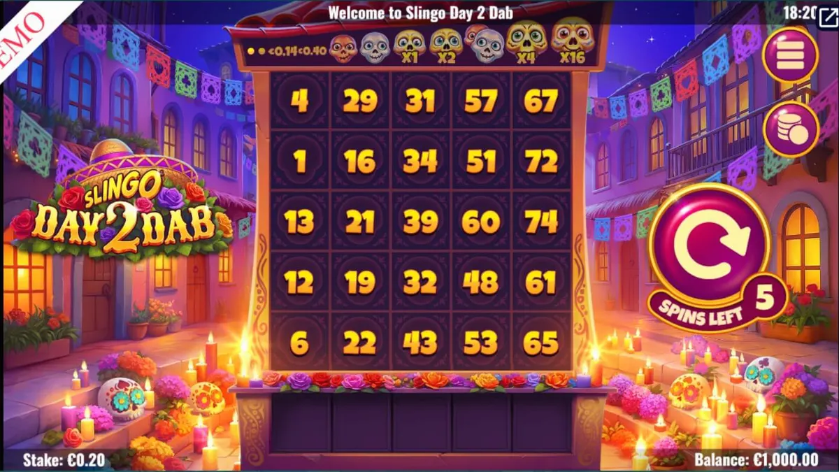 Tampilan grid 5x5 Slingo Day 2 Dab dengan tema Day of the Dead yang penuh warna.